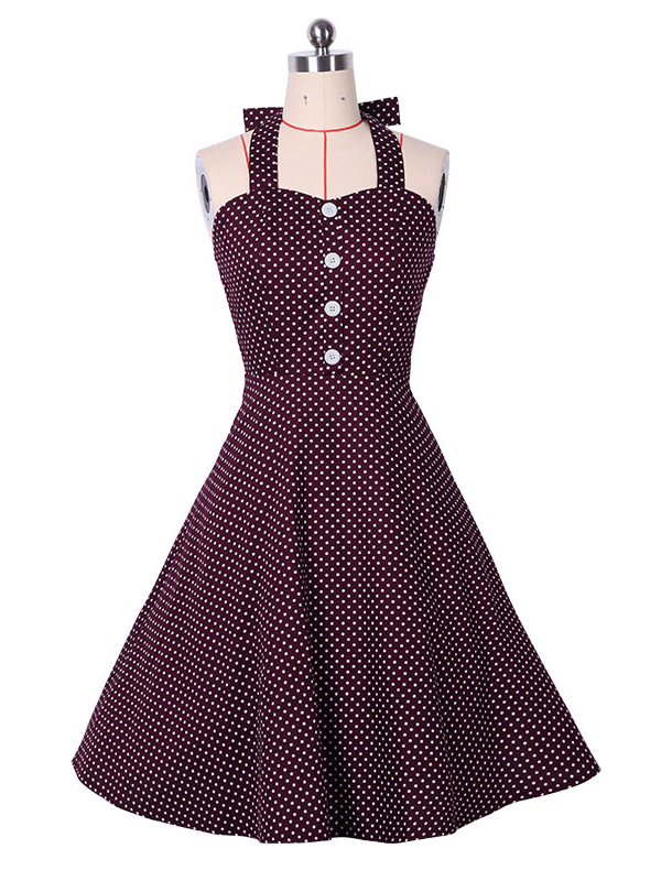 Vintage Dots Red Halter Casual Dress