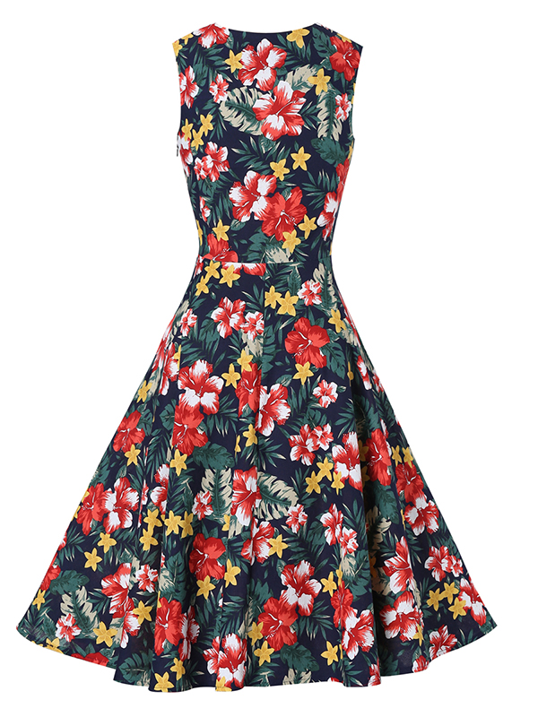 Vintage Floral Printed Sleeveless Yeollow Casual Dress