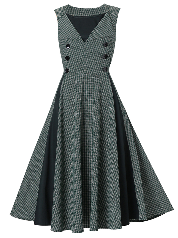 Vintage Sleeveless Green Casual Dress