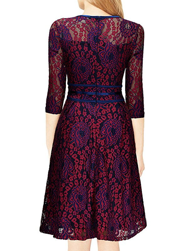 Women Red Round Neck Lace Dress