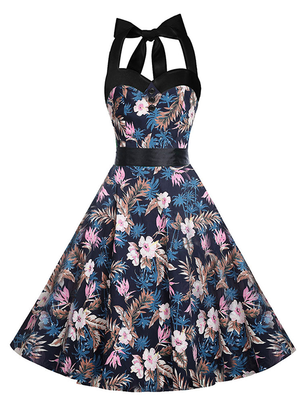 Women Vintage Printed Blue Casual Dress