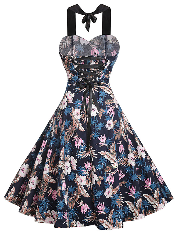 Women Vintage Printed Blue Casual Dress