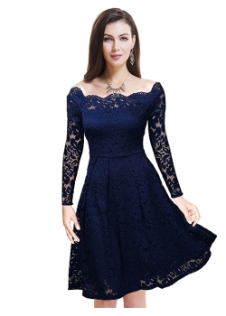 Blue Off Shoulder Long Sleeve Lace Dress