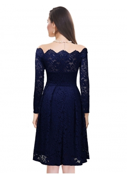 Blue Off Shoulder Long Sleeve Lace Dress