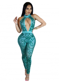 Fashion Hollow Out Halter Jumpsuit Blue