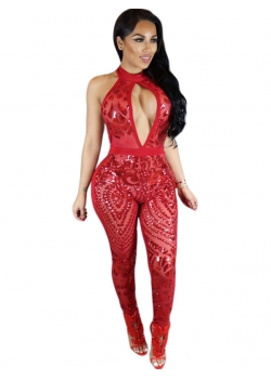 Fashion Hollow Out Halter Jumpsuit Red