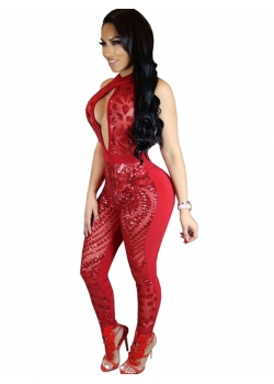 Fashion Hollow Out Halter Jumpsuit Red