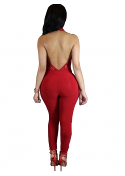 Fashion Hollow Out Halter Jumpsuit Red