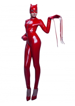 Red Fashion Long Leather Jumpsuit With Hat Glove