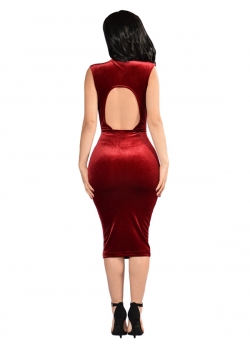 Sexy Wine Red Hollow Out Midi Bodycon Dress