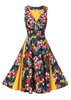Vintage Floral Printed Sleeveless Yeollow Casual Dress