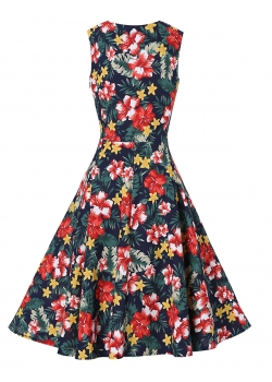 Vintage Floral Printed Sleeveless Yeollow Casual Dress