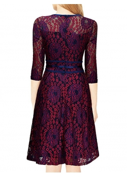 Women Red Round Neck Lace Dress