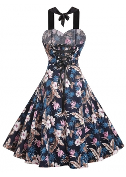 Women Vintage Printed Blue Casual Dress