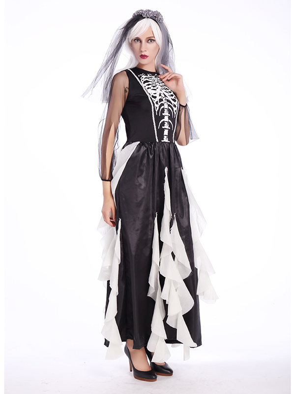 Black Bride Costume Long Dress With Headwear