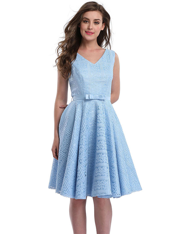 Blue Fashion V Neck Lace Midi Dress