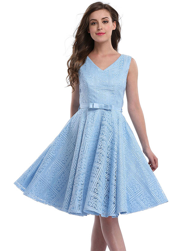 Blue Fashion V Neck Lace Midi Dress