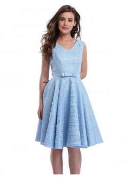 Blue Fashion V Neck Lace Midi Dress