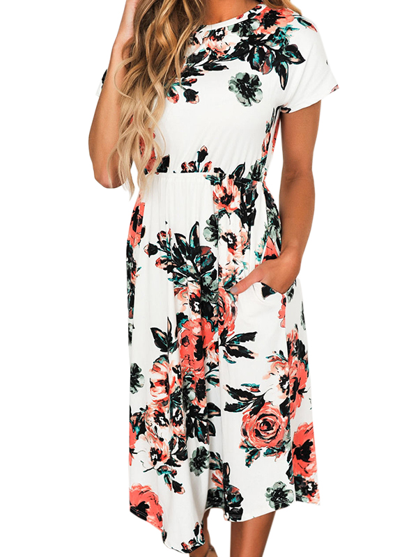 White Short Sleeve Floral Shift Dress