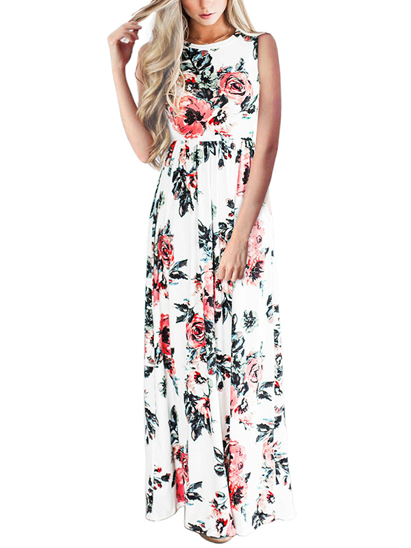  White Flower Printed Sleeveless Dress