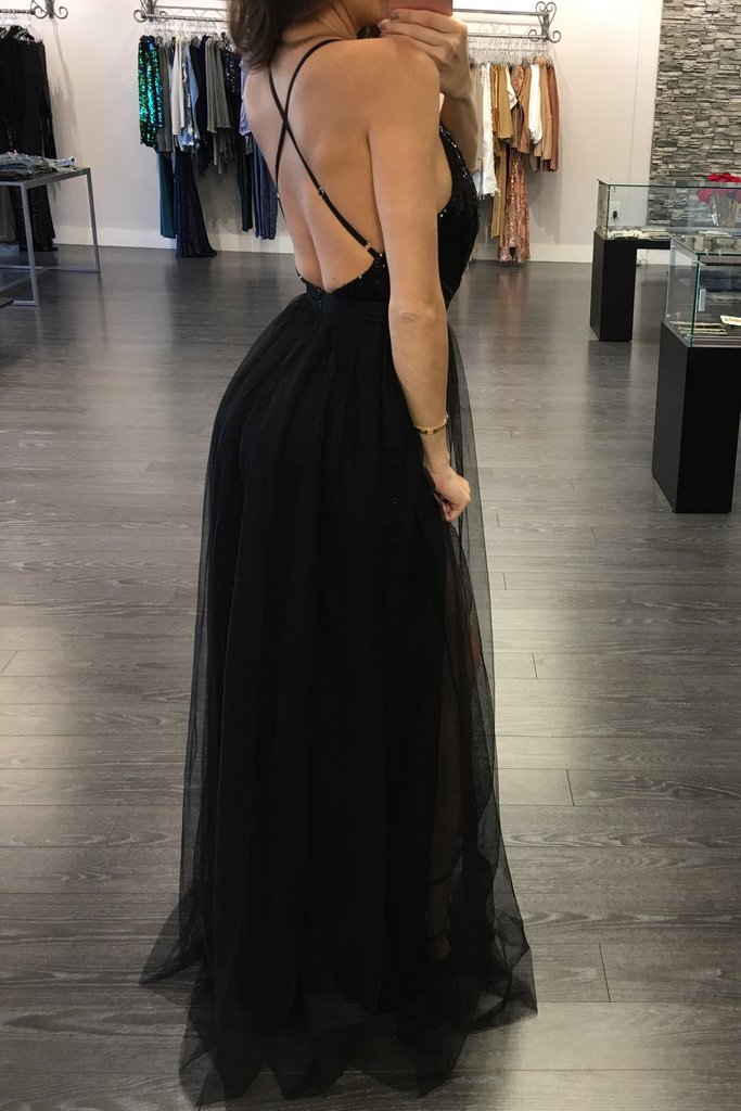 Black Bandage Lace Overlay Slit Maxi Evening Gown