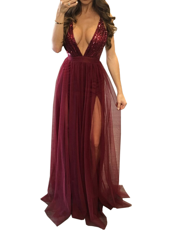 Amazing Wine Red  Lace Overlay Slit Evening Gown