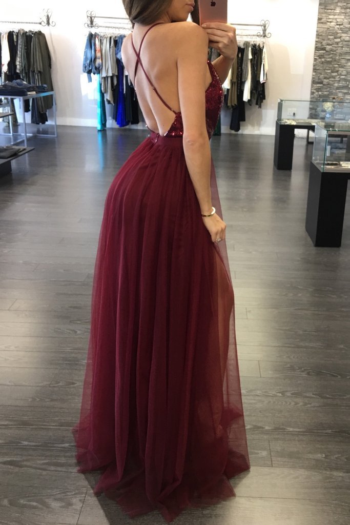 Amazing Wine Red  Lace Overlay Slit Evening Gown