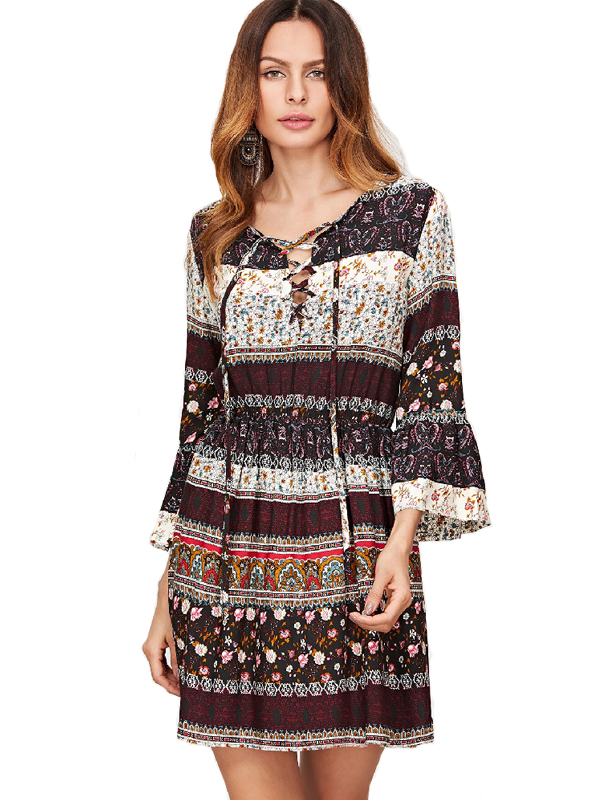 Black Boho Print Long Sleeve Floral Dress