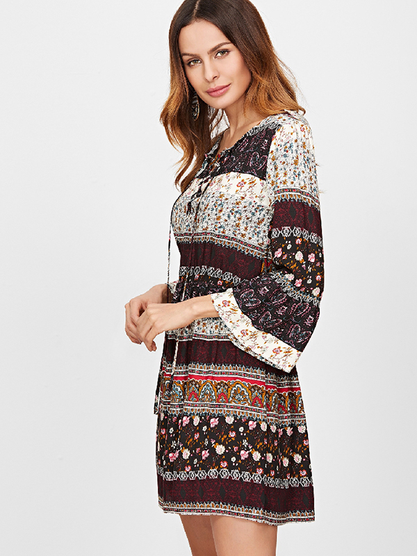 Black Boho Print Long Sleeve Floral Dress