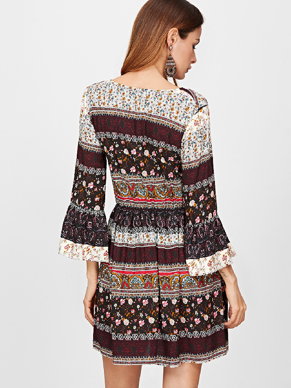 Black Boho Print Long Sleeve Floral Dress