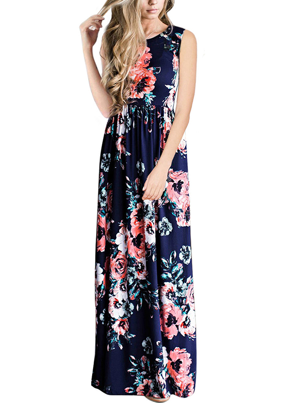 Fashion Women Flower Printed Sleeveless Dress