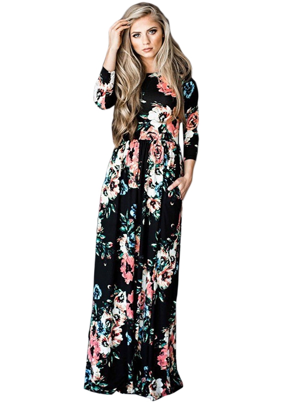 Black Floral Print Wrapped Boho Dress