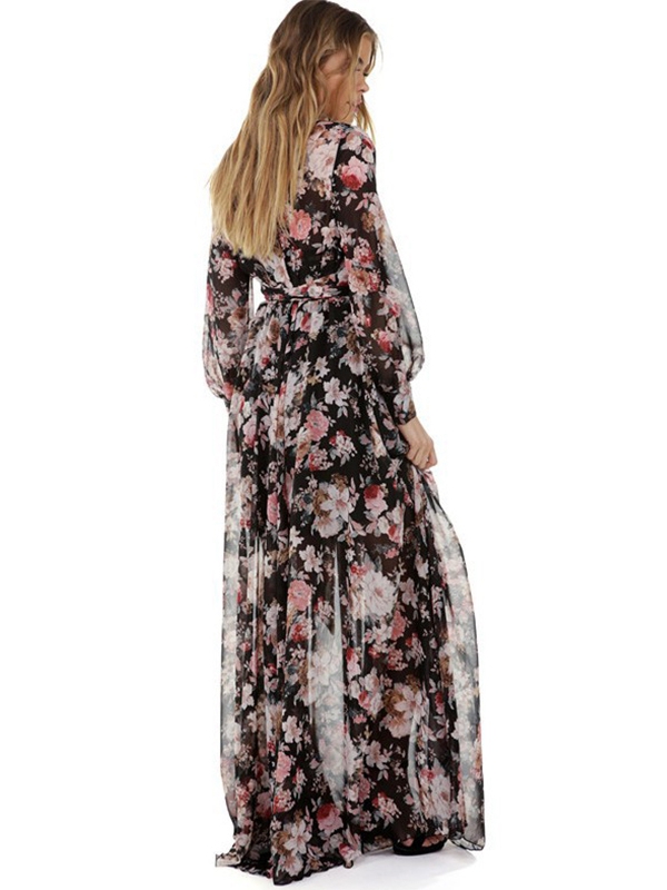 Black Floral Print Wrapped Long Boho Dress