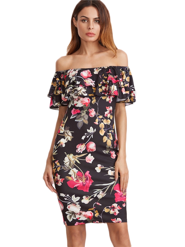 Black Flounce Layered Neckline Flower Print Dress