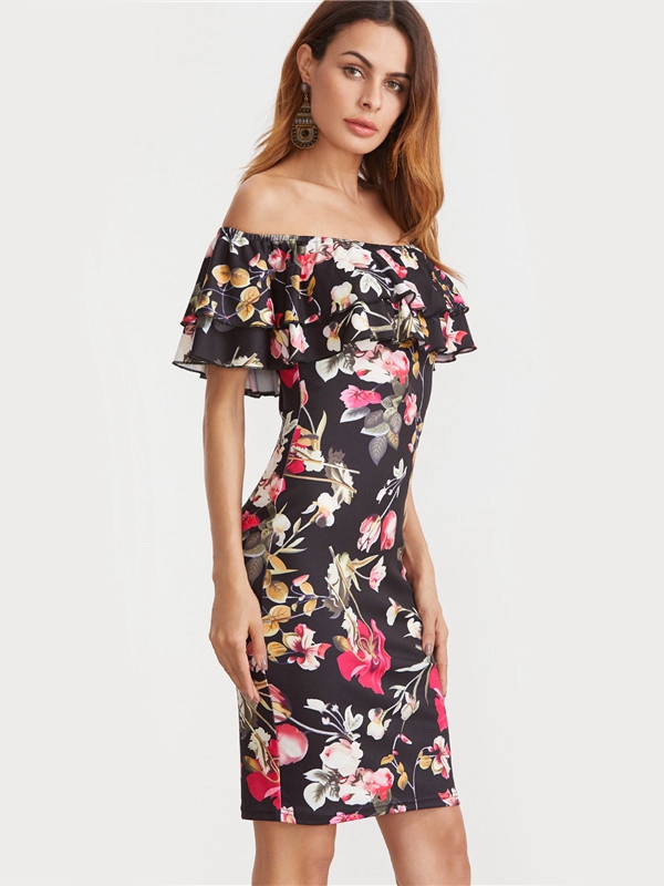 Black Flounce Layered Neckline Flower Print Dress