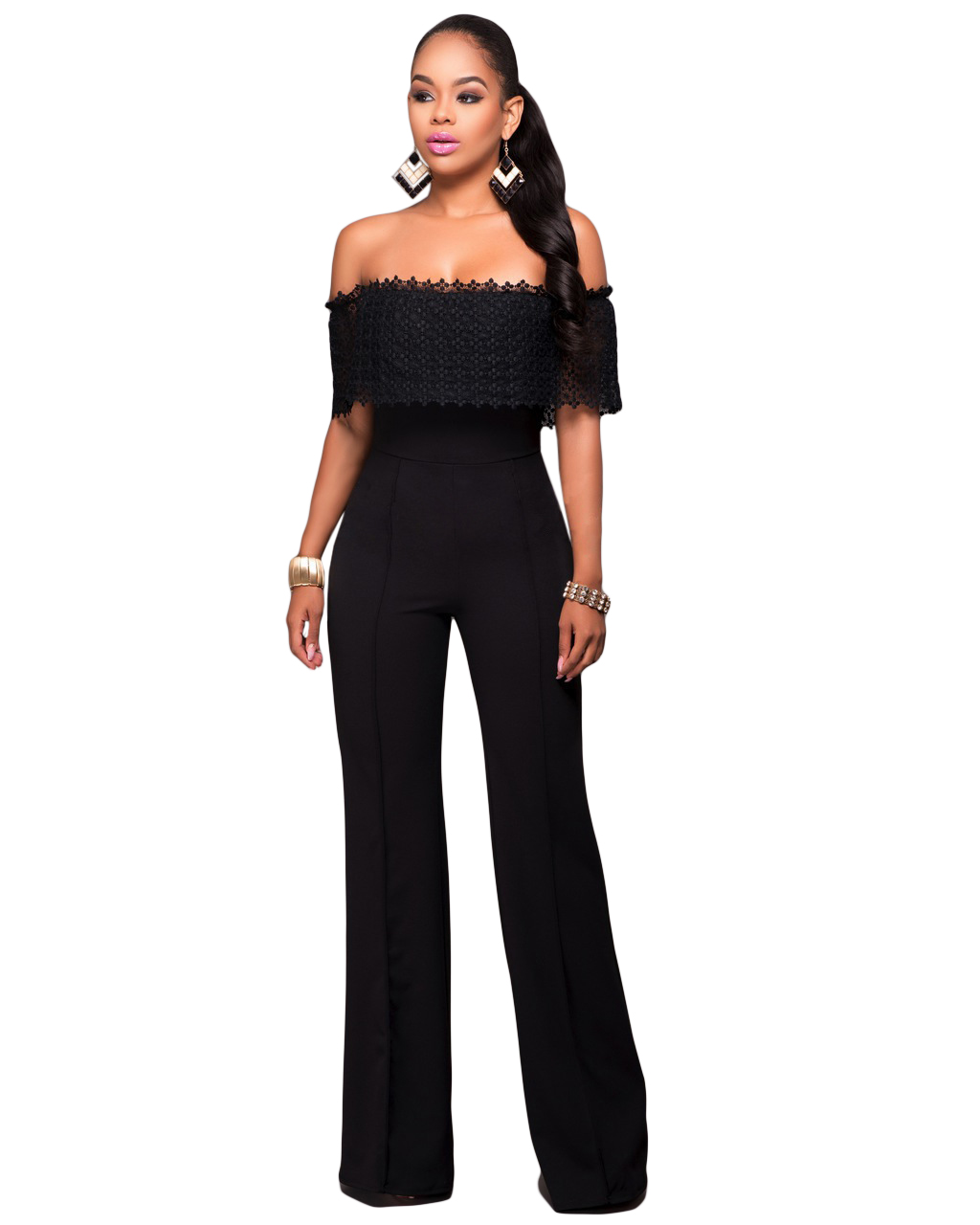 Black Lace Up Ruffle Overlay Strapless Jumpsuit