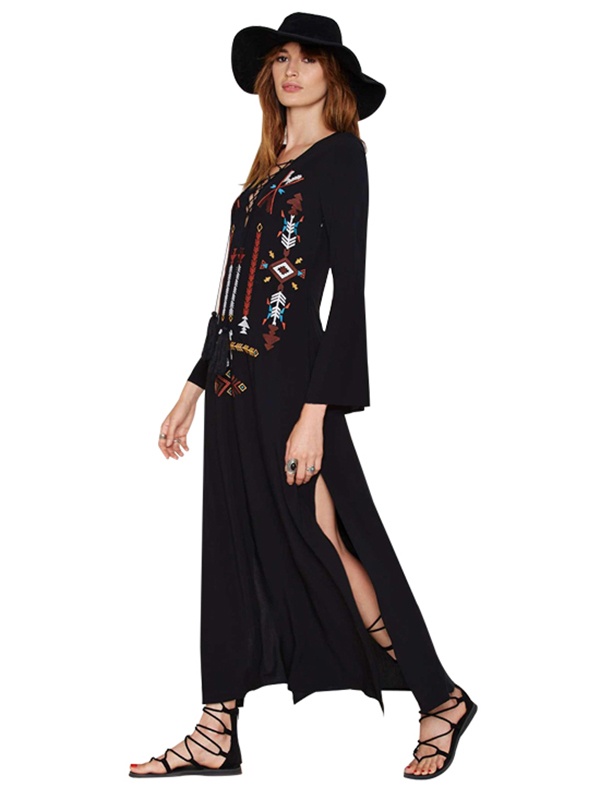 Black Stylish Floral Embroidery Lace Up Flare Sleeve Long Dress