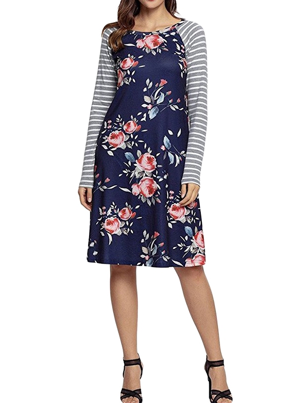 Blue Backdrop Floral Print A-line Loose T-shirt Dress