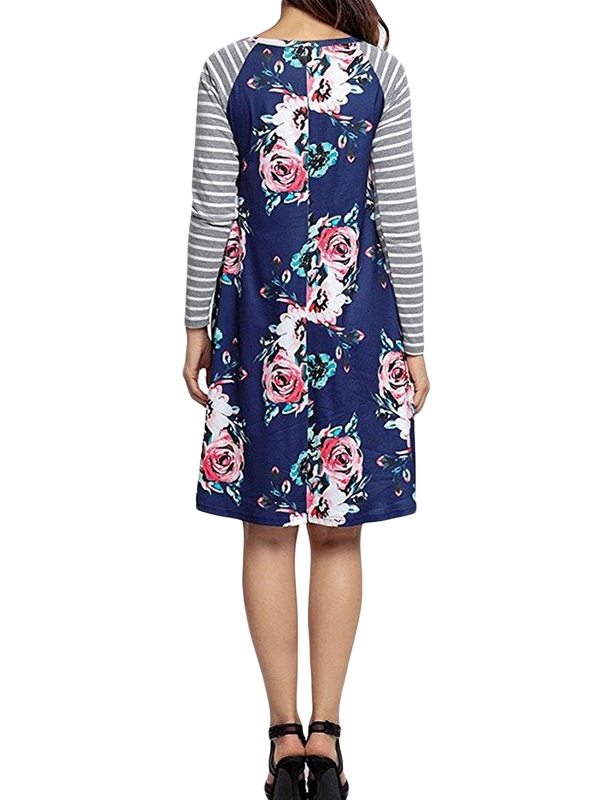 Blue Backdrop Floral Print A-line Loose T-shirt Dress