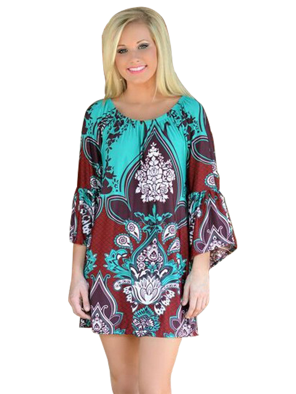 Blue Boho Print Long Sleeve Floral Dress