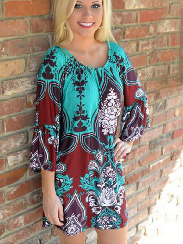 Blue Boho Print Long Sleeve Floral Dress