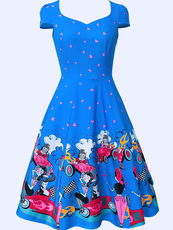 Blue Digital Floral Vintage Swing Dress