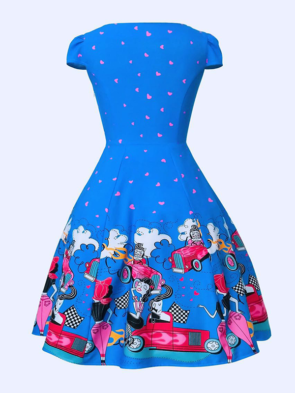 Blue Digital Floral Vintage Swing Dress