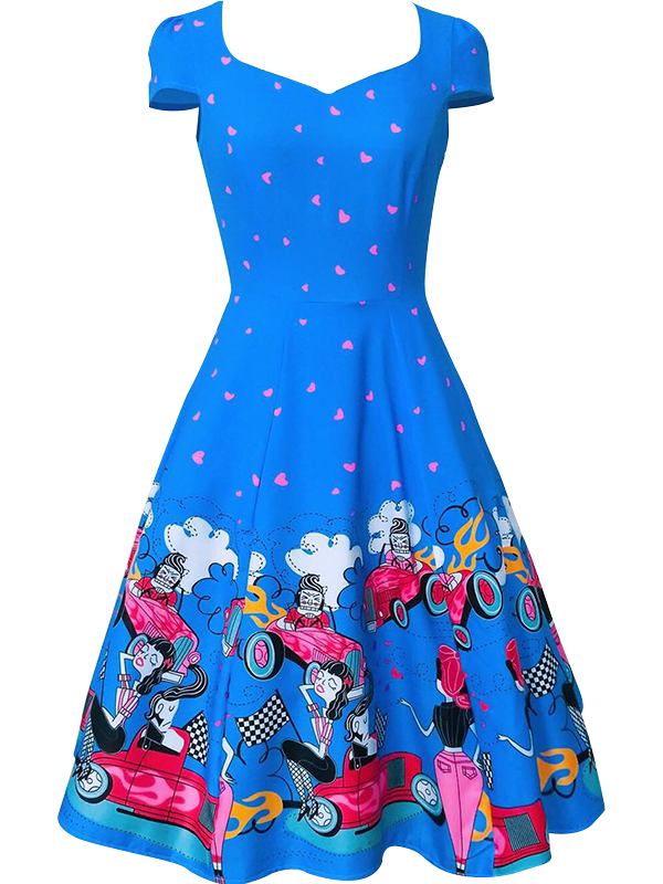 Blue Digital Floral Vintage Swing Dress