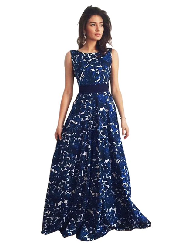 Blue Embroidery Back V With Waist Belt Evening Dress