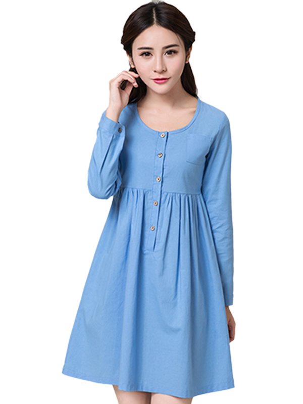 Blue Fashion Casual Long Sleeve Round Dress