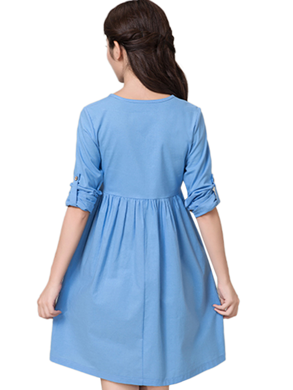 Blue Fashion Casual Long Sleeve Round Dress