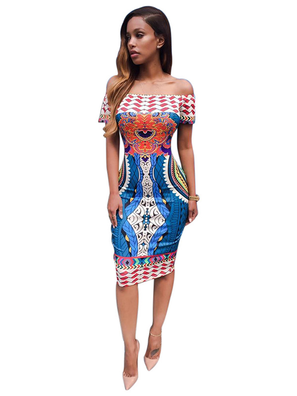 Blue Floral Print Off Shoulder Midi Dress