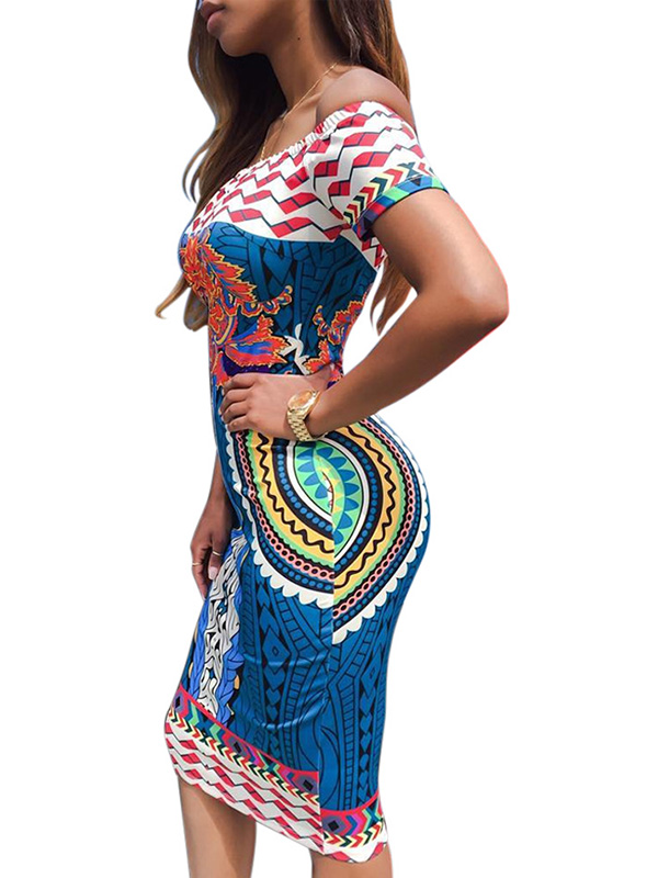 Blue Floral Print Off Shoulder Midi Dress