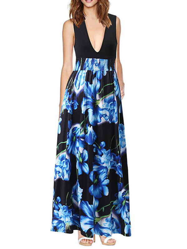 Blue Floral Print V Neck Maxi Dress